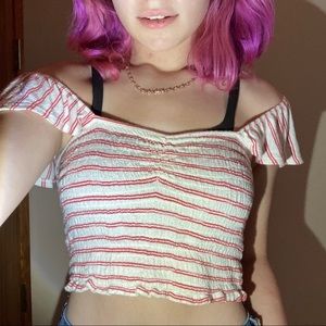 white red off shoulder ruffle strap tank crop top